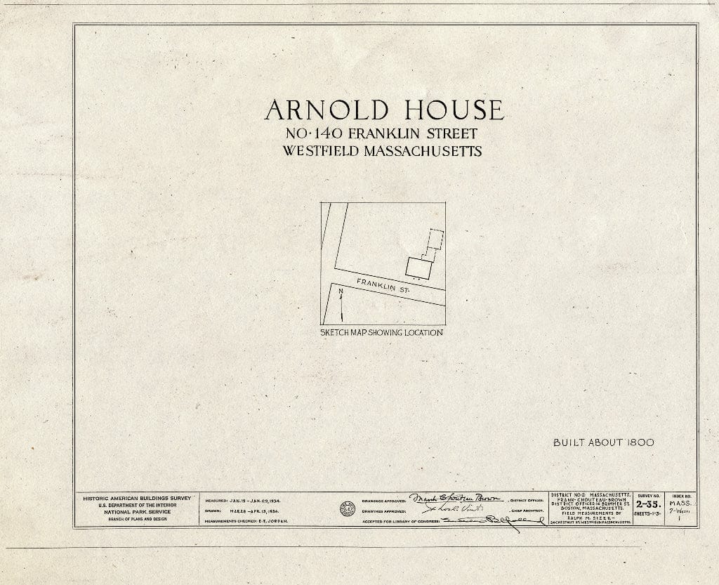Blueprint HABS Mass,7-WESFI,1- (Sheet 0 of 3) - Arnold House, 140 Franklin Street, Westfield, Hampden County, MA