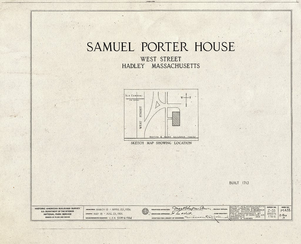 Blueprint HABS Mass,8-HAD,3- (Sheet 0 of 11) - Samuel Porter House, West Street, Hadley, Hampshire County, MA