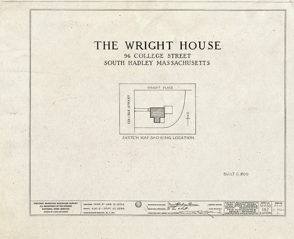 Blueprint HABS Mass,8-HADS,2- (Sheet 0 of 8) - Wright House, 96 College Street, South Hadley, Hampshire County, MA
