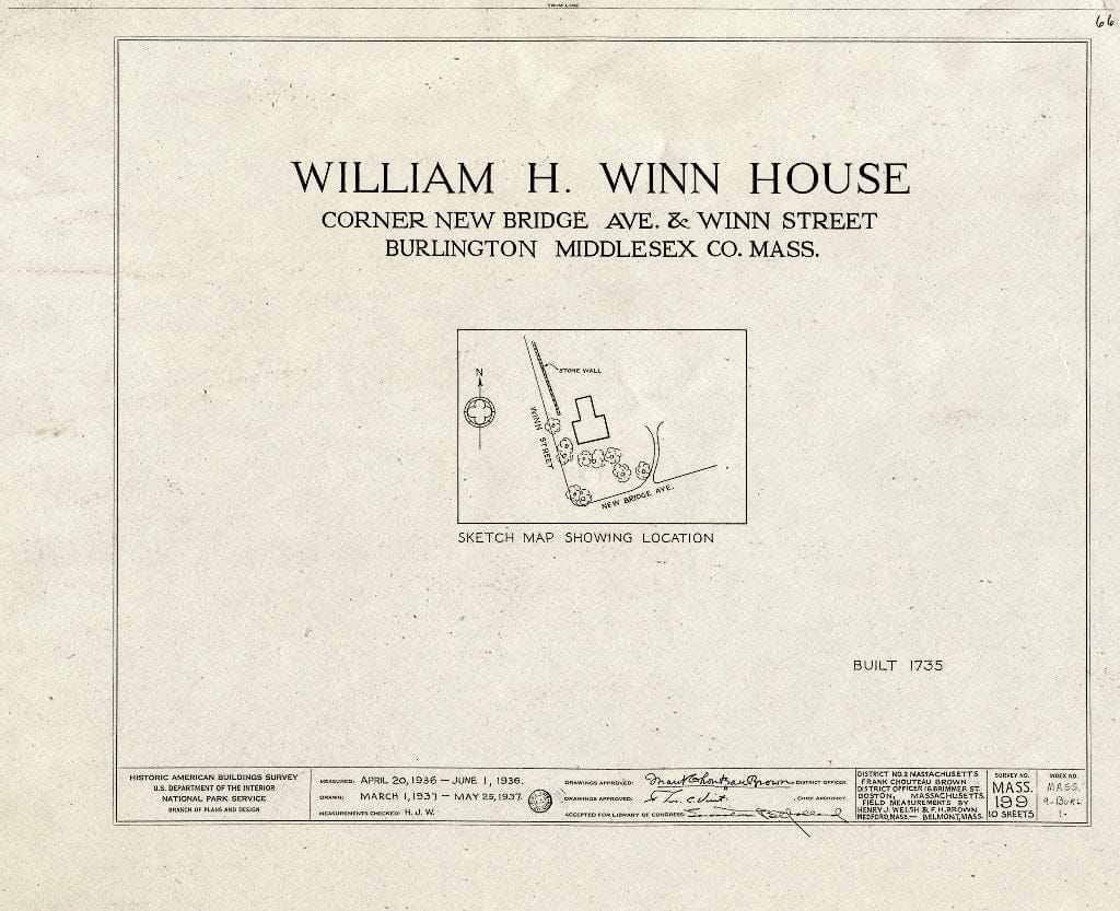 Blueprint HABS MASS,9-BURL,1- (sheet 0 of 10) - William H. Winn House, 99 Pond Road (moved from New Bridge Avenue & Winn Street, Burlington, MA), Wellesley, Norfolk County, MA