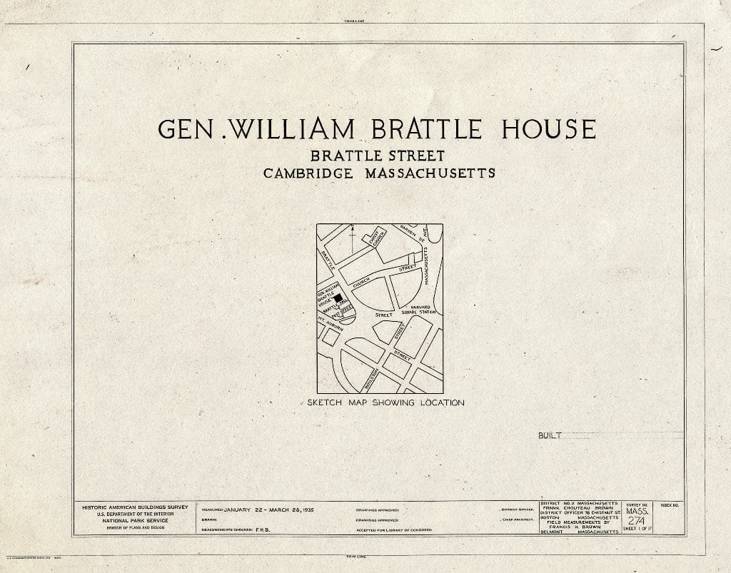Blueprint HABS Mass,9-CAMB,9- (Sheet 1 of 17) - General William Brattle House, 42 Brattle Street, Cambridge, Middlesex County, MA