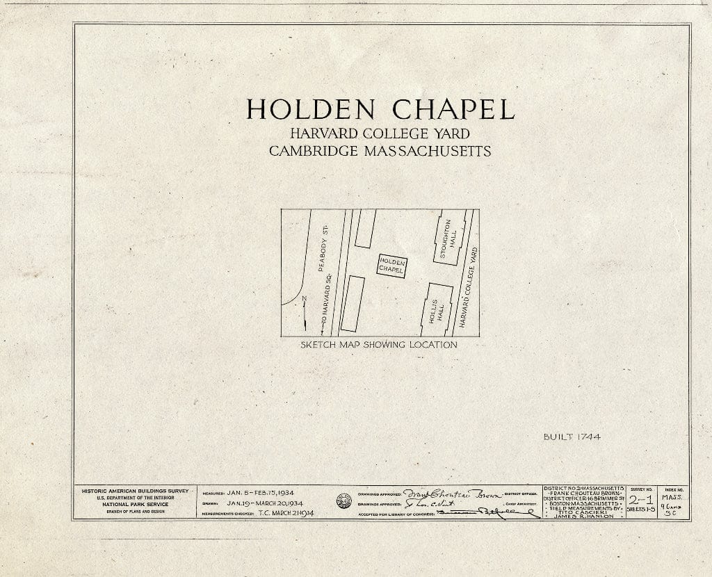Blueprint HABS Mass,9-CAMB,3C- (Sheet 0 of 5) - Harvard College, Holden Chapel, Harvard Yard, Cambridge, Middlesex County, MA