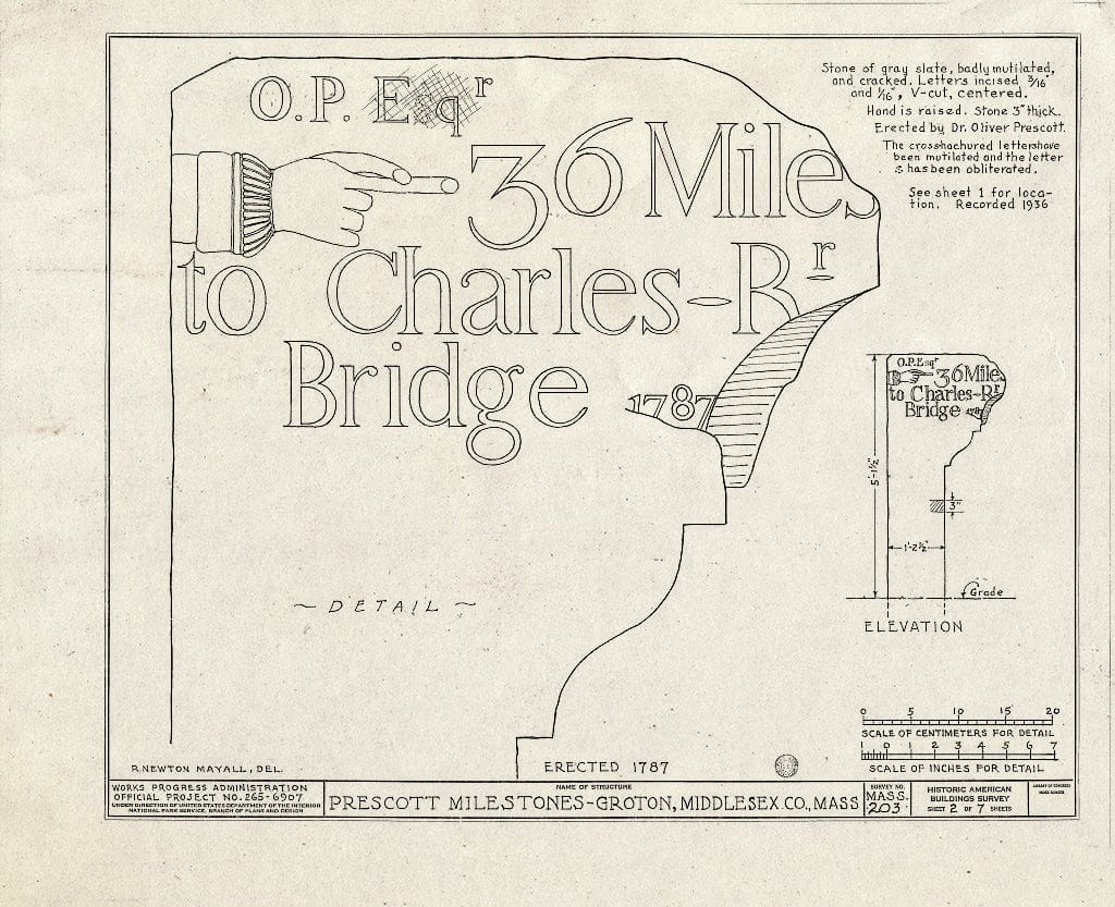 Blueprint HABS Mass,9-Grot,2- (Sheet 2 of 7) - Doctor Oliver Prescott Milestones, Farmers Row & Main Street; Great Road & Old Ayer Road, Groton, Middlesex County, MA