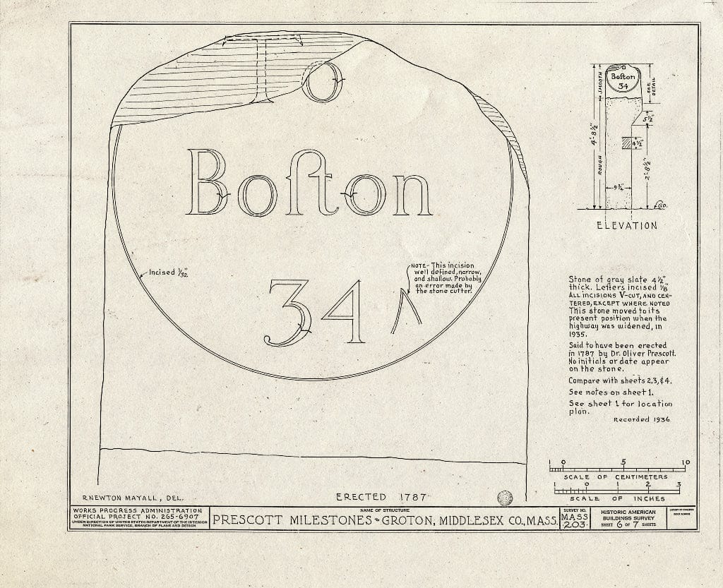 Blueprint HABS Mass,9-Grot,2- (Sheet 6 of 7) - Doctor Oliver Prescott Milestones, Farmers Row & Main Street; Great Road & Old Ayer Road, Groton, Middlesex County, MA