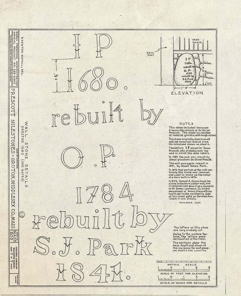 Blueprint HABS Mass,9-Grot,2- (Sheet 7 of 7) - Doctor Oliver Prescott Milestones, Farmers Row & Main Street; Great Road & Old Ayer Road, Groton, Middlesex County, MA