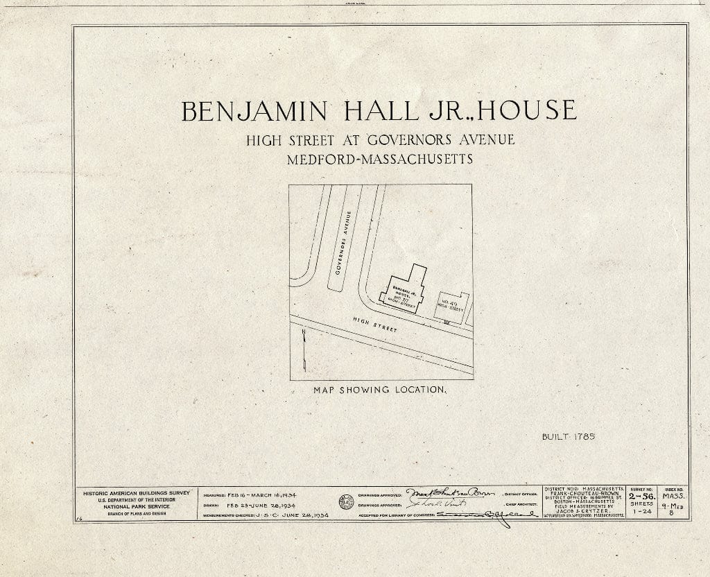 Blueprint HABS Mass,9-MED,8- (Sheet 0 of 24) - Benjamin Hall Jr. House, 57 High Street, Medford, Middlesex County, MA