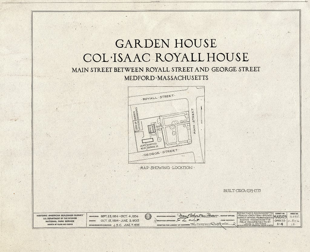Blueprint HABS Mass,9-MED,1A- (Sheet 0 of 4) - Colonel Isaac Royall Garden House, Main Street Vicinity, Medford, Middlesex County, MA