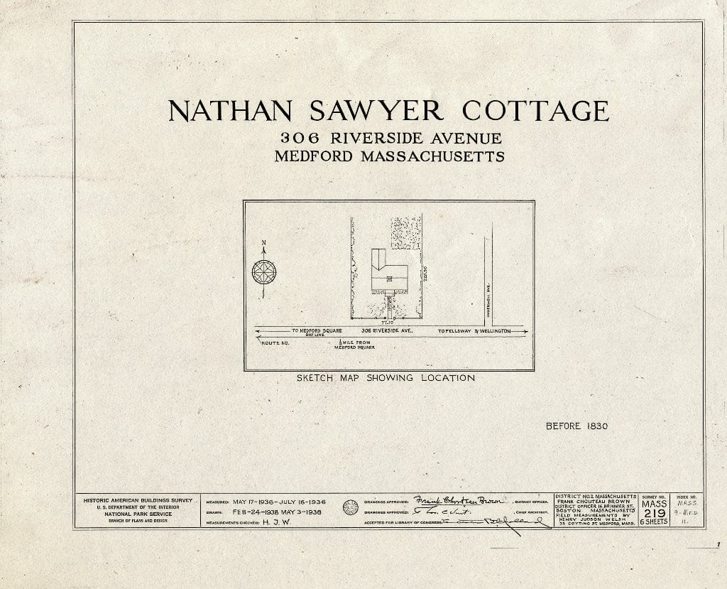 Blueprint HABS Mass,9-MED,11- (Sheet 0 of 6) - Nathan Sawyer Cottage, 306 Riverside Avenue, Medford, Middlesex County, MA