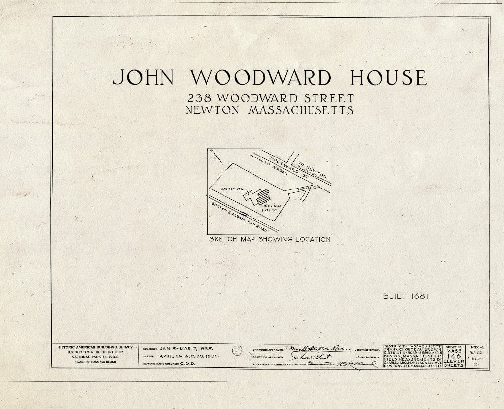 Blueprint HABS Mass,9-Newt,2- (Sheet 0 of 11) - John Woodward House, 238 Woodward Street, Newton, Middlesex County, MA