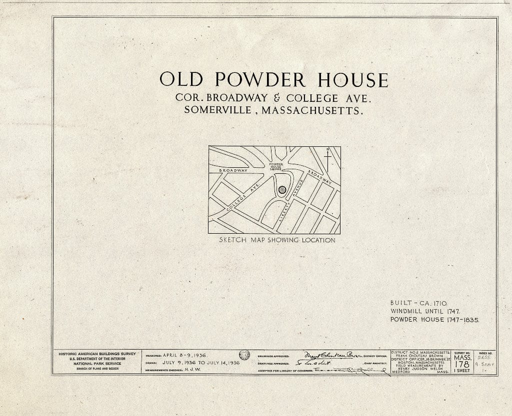 Blueprint HABS Mass,9-SOMV,1- (Sheet 0 of 1) - Old Powder House, Broadway & College Avenue, Somerville, Middlesex County, MA