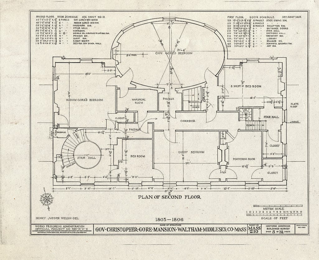 Blueprint HABS Mass,9-WALTH,2- (Sheet 5 of 31) - Governor Christopher Gore Mansion, 52 Gore Street, Waltham, Middlesex County, MA