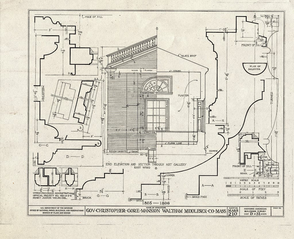 Blueprint HABS Mass,9-WALTH,2- (Sheet 9 of 31) - Governor Christopher Gore Mansion, 52 Gore Street, Waltham, Middlesex County, MA