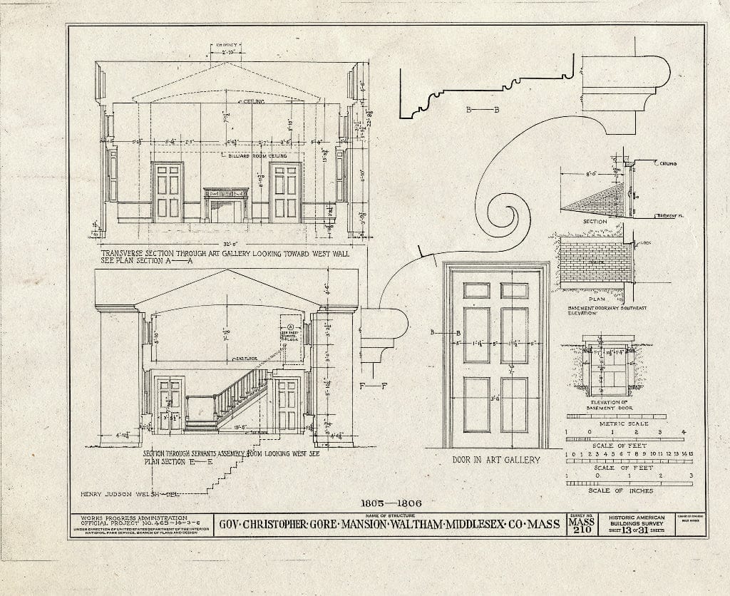 Blueprint HABS Mass,9-WALTH,2- (Sheet 13 of 31) - Governor Christopher Gore Mansion, 52 Gore Street, Waltham, Middlesex County, MA