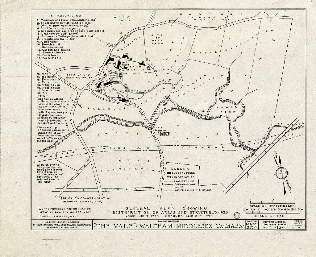 Blueprint HABS Mass,9-WALTH,1- (Sheet 1 of 15) - The Vale, Beaver Street, Waltham, Middlesex County, MA