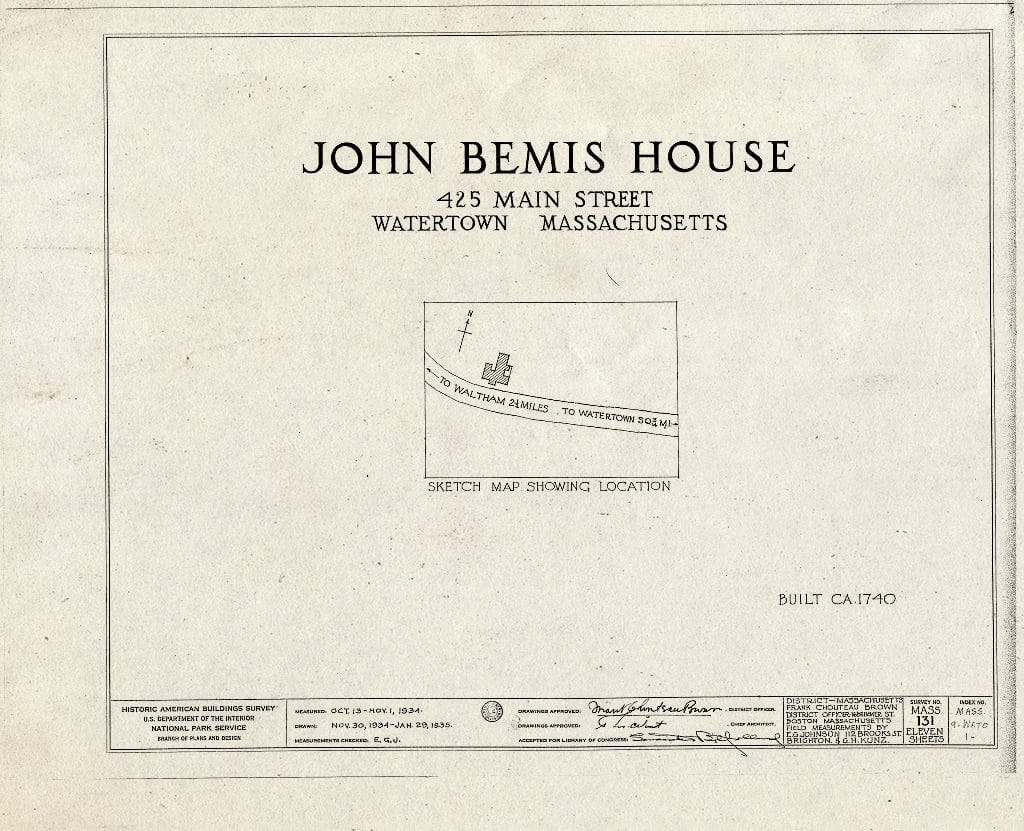 Blueprint HABS Mass,9-WATO,1- (Sheet 0 of 11) - John Bemis House, 425 Main Street, Watertown, Middlesex County, MA