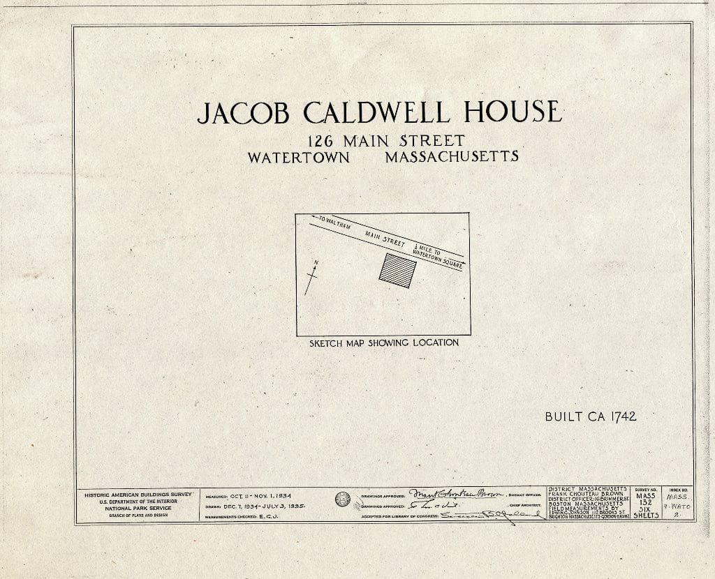 Blueprint HABS Mass,9-WATO,2- (Sheet 0 of 6) - Daniel Caldwell House, 126 Main Street, Watertown, Middlesex County, MA