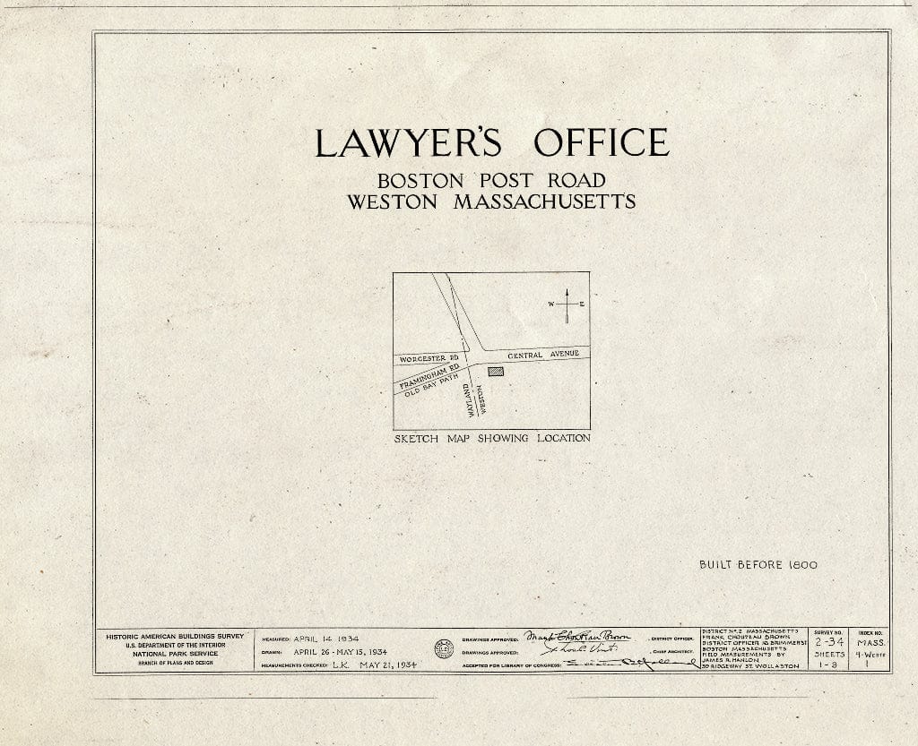 Blueprint HABS Mass,9-WESTO,1- (Sheet 0 of 3) - Alpheus Bigelow, Jr. Law Office, Central Avenue, Weston, Middlesex County, MA