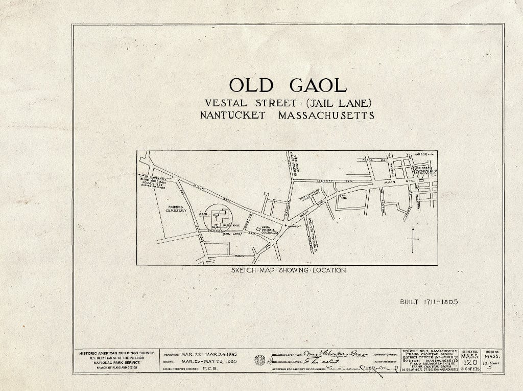 Blueprint HABS Mass,10-NANT,5- (Sheet 0 of 6) - Old Gaol, Vestal Street (Moved from Original site), Nantucket, Nantucket County, MA