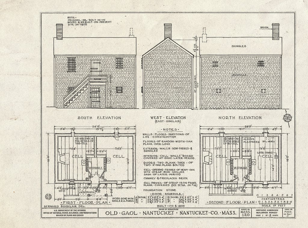 Blueprint HABS Mass,10-NANT,5- (Sheet 1 of 6) - Old Gaol, Vestal Street (Moved from Original site), Nantucket, Nantucket County, MA