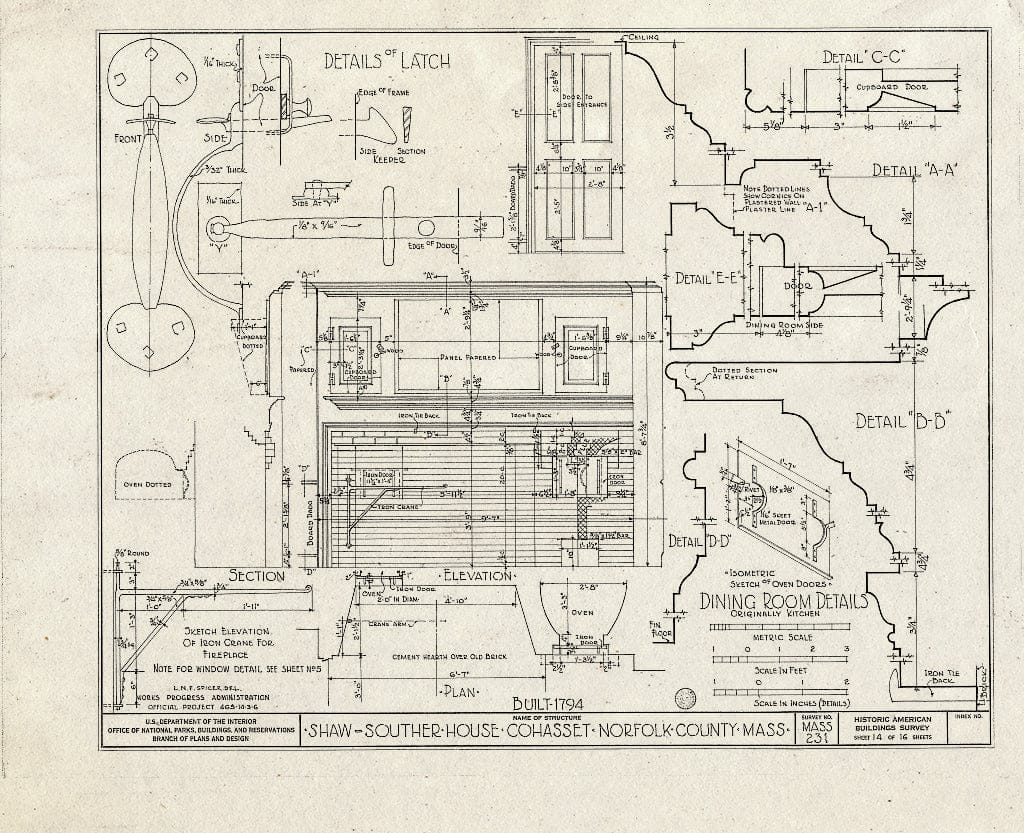 Blueprint HABS Mass,11-COHA,3- (Sheet 14 of 16) - Shaw-Souther House, Highland Avenue, Cohasset, Norfolk County, MA