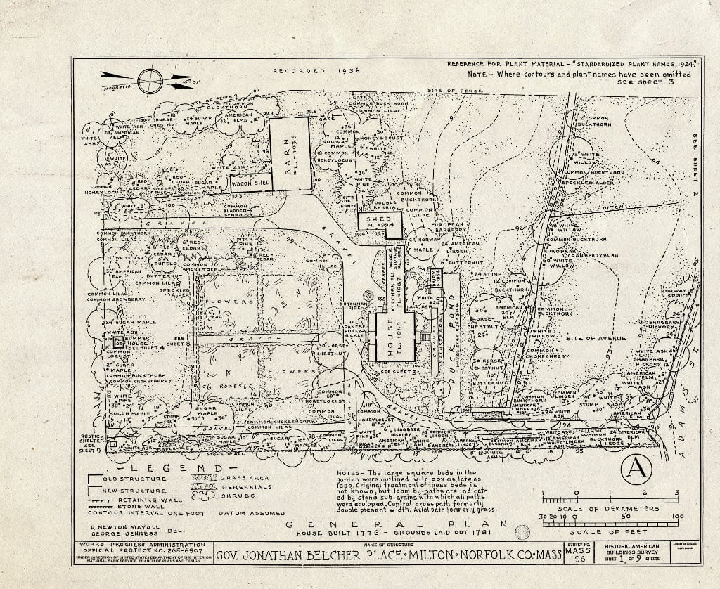 Blueprint HABS Mass,11-Milt,6- (Sheet 1 of 9) - Governor Jonathan Belcher Place, 401 Adams Street, Milton, Norfolk County, MA