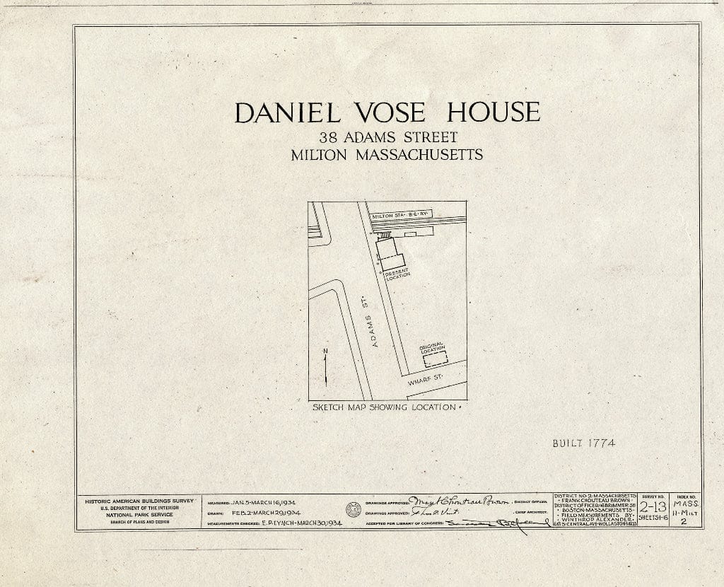 Blueprint HABS Mass,11-Milt,2- (Sheet 0 of 6) - Daniel Vose House, 1370 Canton Avenue (Moved from 38 Adams Street), Milton, Norfolk County, MA