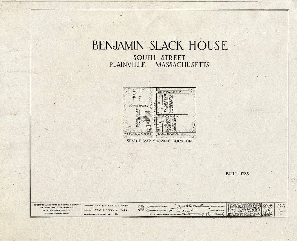Blueprint HABS Mass,11-PLANV,1- (Sheet 0 of 7) - Benjamin Slack House, South Street, Plainville, Norfolk County, MA