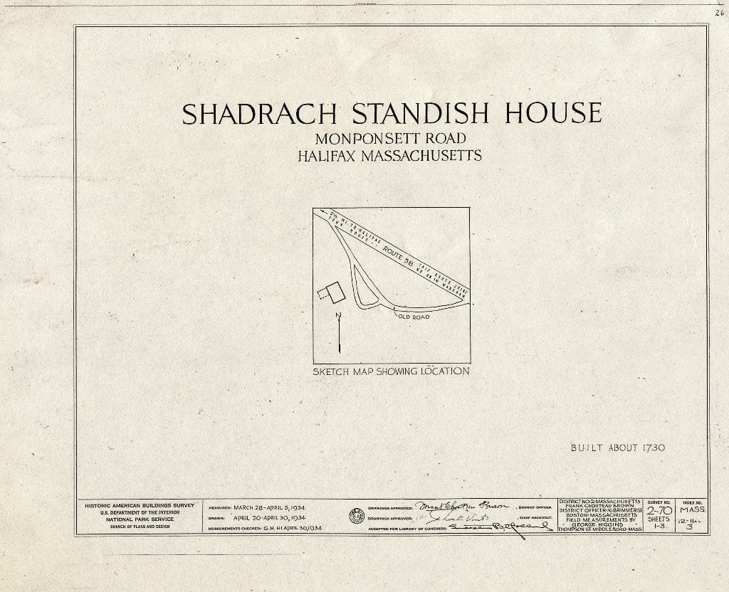 Blueprint HABS Mass,12-HAL,3- (Sheet 0 of 3) - Shadrach Standish House, Monponsett Street, Halifax, Plymouth County, MA