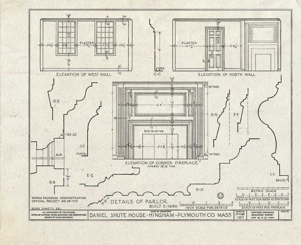 Blueprint HABS Mass,12-Hing,7- (Sheet 16 of 21) - Daniel Shute House, Main & South Pleasant Streets, Hingham, Plymouth County, MA