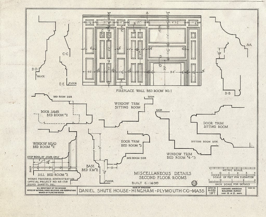 Blueprint HABS Mass,12-Hing,7- (Sheet 19 of 21) - Daniel Shute House, Main & South Pleasant Streets, Hingham, Plymouth County, MA