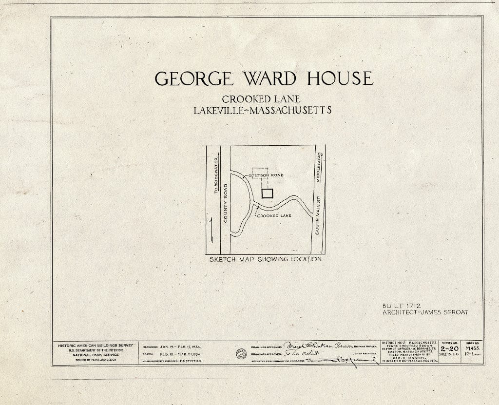 Blueprint HABS Mass,12-LAKVI,1- (Sheet 0 of 6) - George Ward House, Crooked Lane, Lakeville, Plymouth County, MA