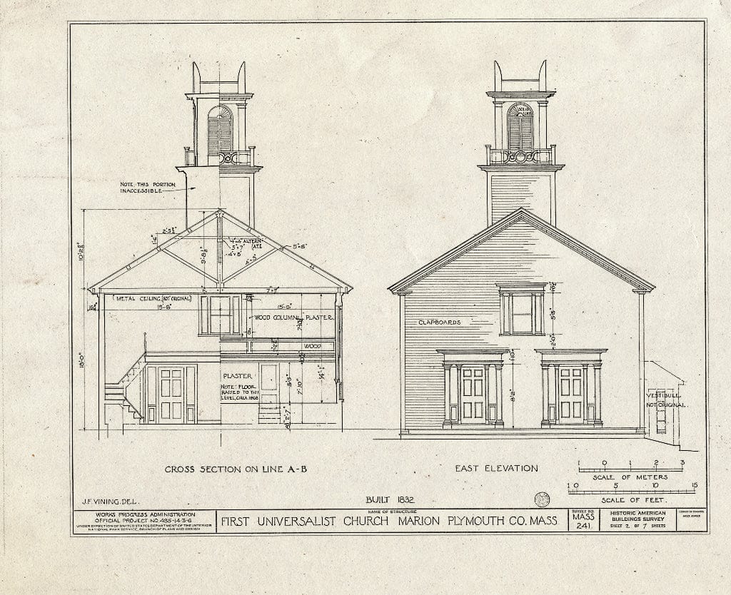 Blueprint HABS Mass,12-MAR,2- (Sheet 2 of 7) - First Universalist Church, Pleasant & Main Streets, Marion, Plymouth County, MA