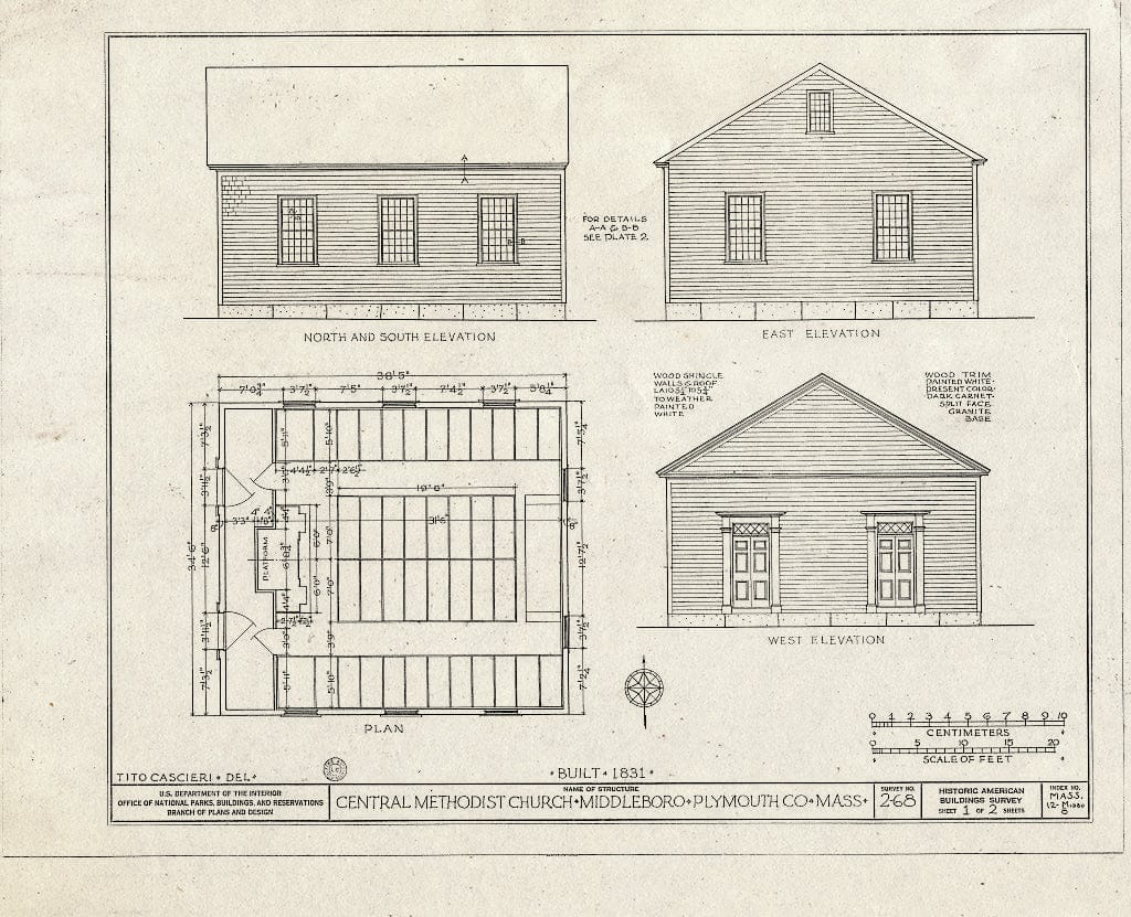 Blueprint HABS Mass,12-MIDBO,8- (Sheet 1 of 2) - Central Methodist Church, Cherry Street, Middleboro, Plymouth County, MA