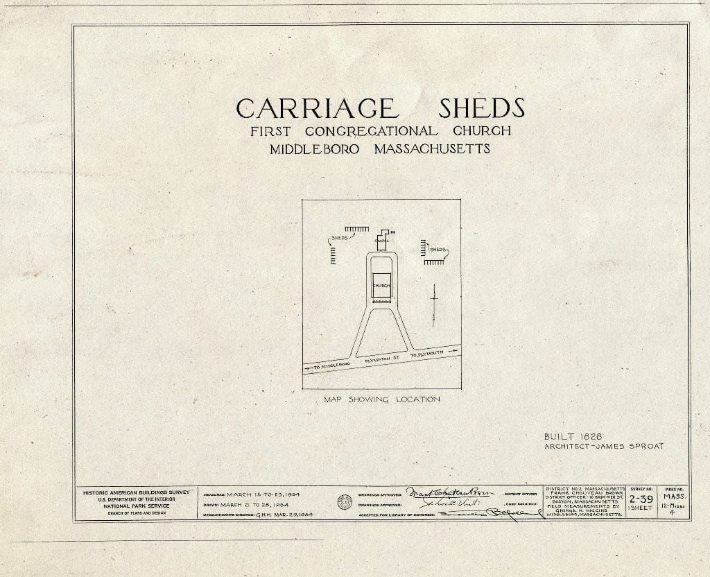 Blueprint HABS Mass,12-MIDBO,4- (Sheet 0 of 1) - First Congregational Church, Carriage Sheds, Plympton Street, Middleboro, Plymouth County, MA