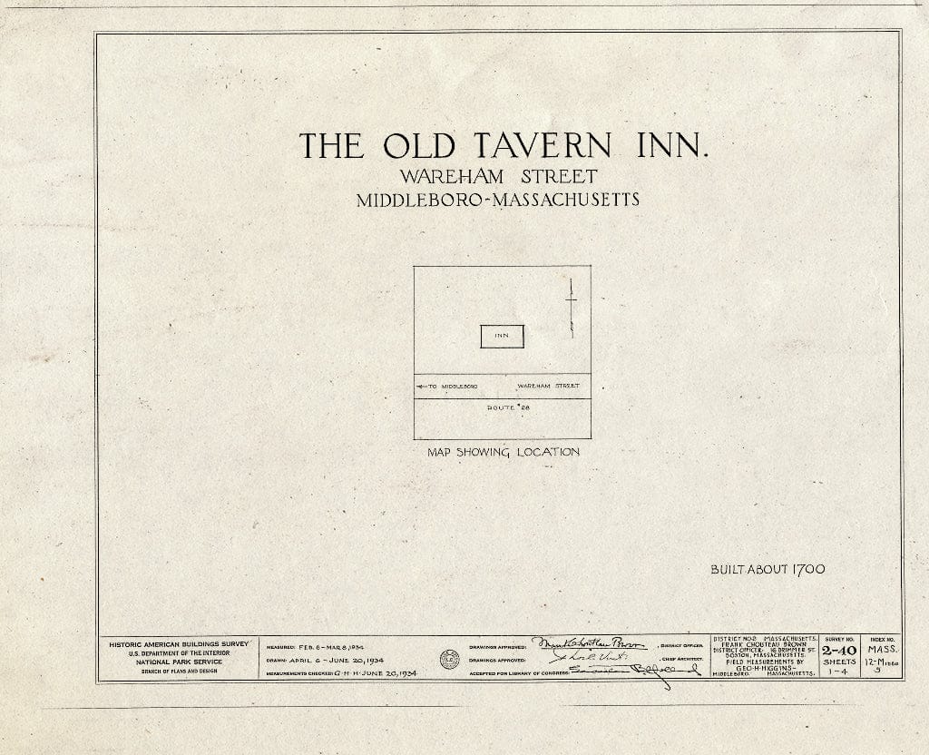 Blueprint HABS Mass,12-MIDBO,5- (Sheet 0 of 4) - Old Tavern Inn, Wareham Street (State Route 28), Middleboro, Plymouth County, MA