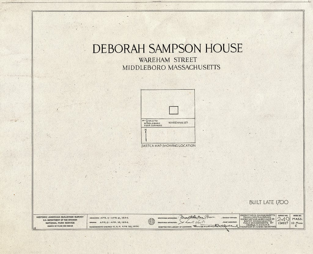 Blueprint HABS Mass,12-MIDBO,6- (Sheet 0 of 1) - Deborah Sampson House, 280 Wareham Street, Middleboro, Plymouth County, MA