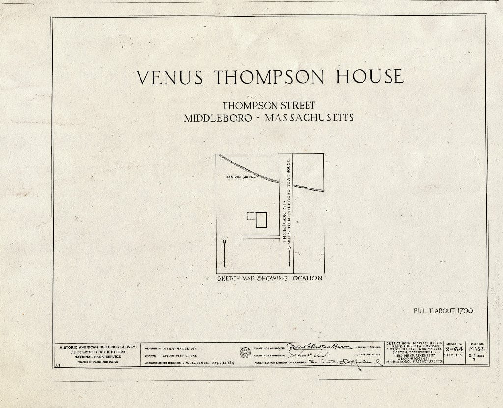 Blueprint HABS Mass,12-MIDBO,7- (Sheet 0 of 3) - Venus Thompson House, Thompson Street, Middleboro, Plymouth County, MA