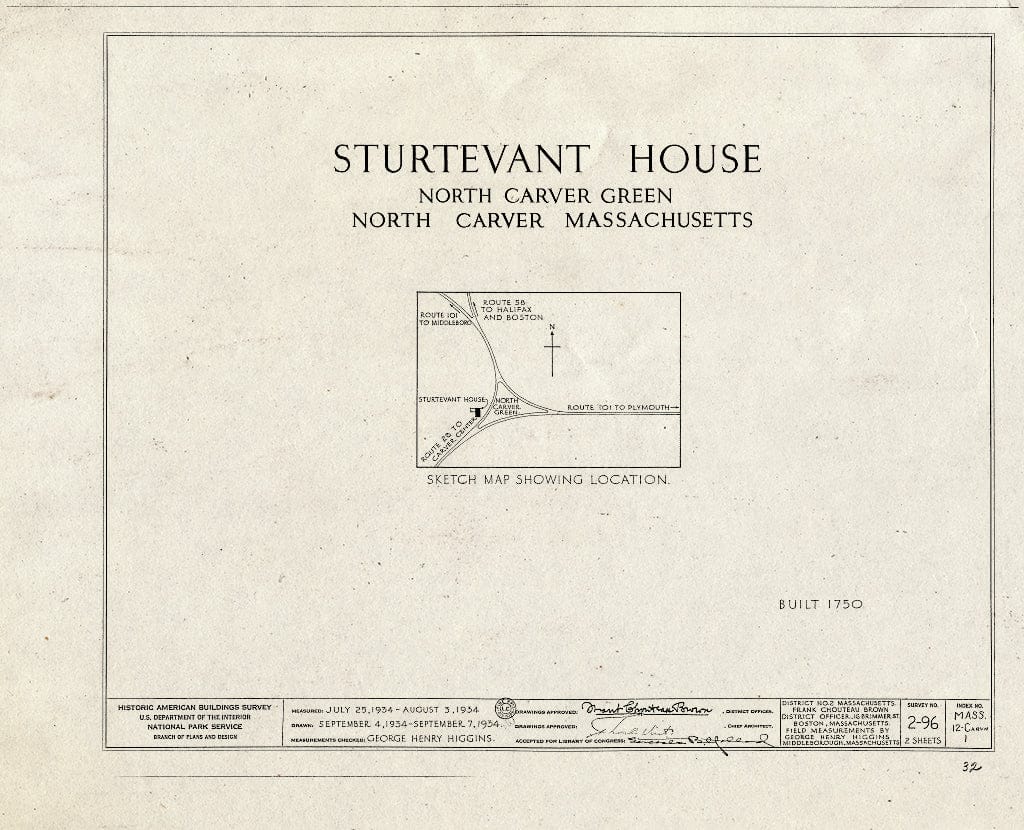 Blueprint HABS Mass,12-CARVN,1- (Sheet 0 of 2) - Sturtevant House, North Carver Green, North Carver, Plymouth County, MA