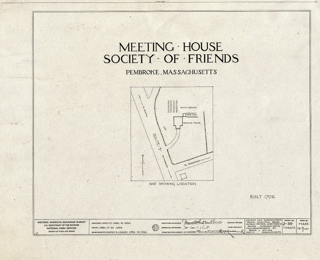 Blueprint HABS Mass,12-PEMBN,1- (Sheet 0 of 7) - Society of Friends Meetinghouse, Schoosett Street (Routes 139 & 53), North Pembroke, Plymouth County, MA