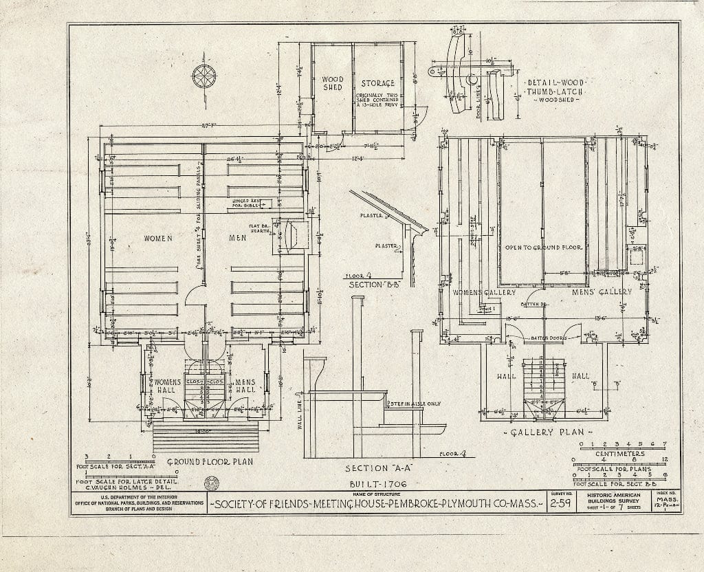 Blueprint HABS Mass,12-PEMBN,1- (Sheet 1 of 7) - Society of Friends Meetinghouse, Schoosett Street (Routes 139 & 53), North Pembroke, Plymouth County, MA
