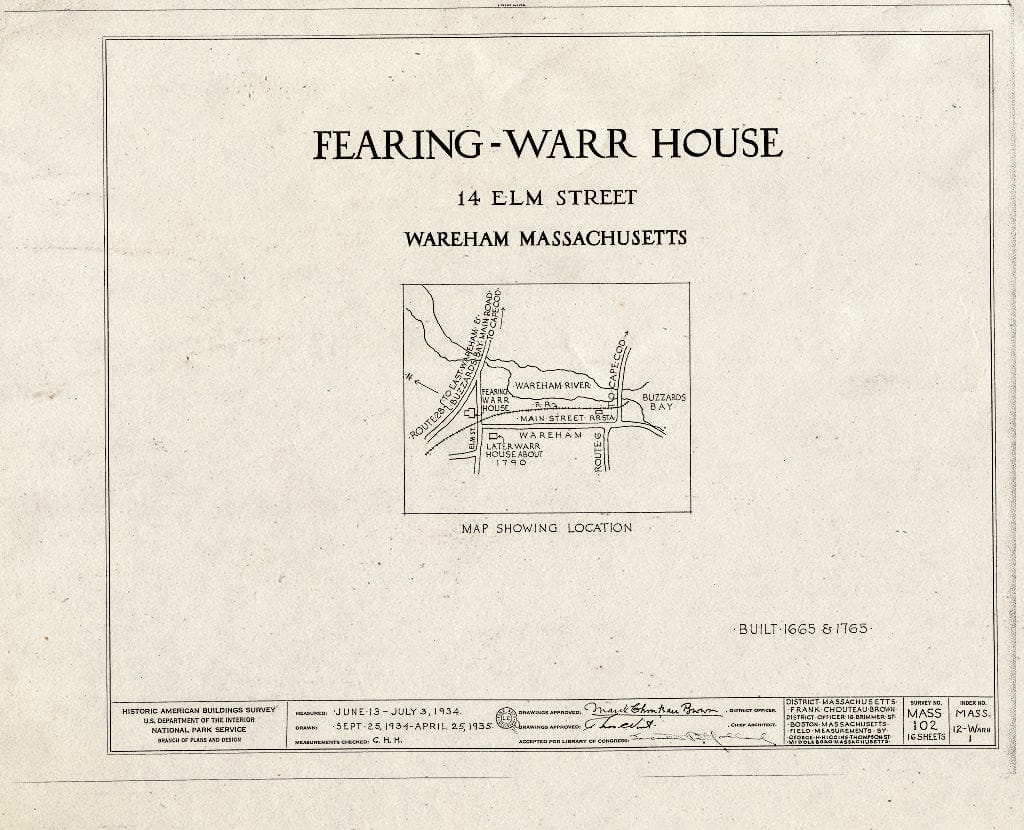 Blueprint HABS Mass,12-WARH,1- (Sheet 0 of 16) - Fearing-Warr House, 14 Elm Street, Wareham, Plymouth County, MA