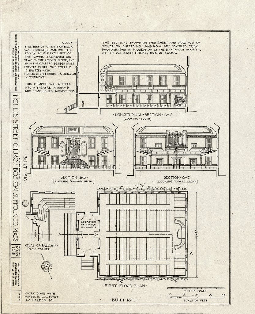 Blueprint HABS Mass,13-BOST,48- (Sheet 2 of 5) - Hollis Street Church, Hollis Street, Boston, Suffolk County, MA
