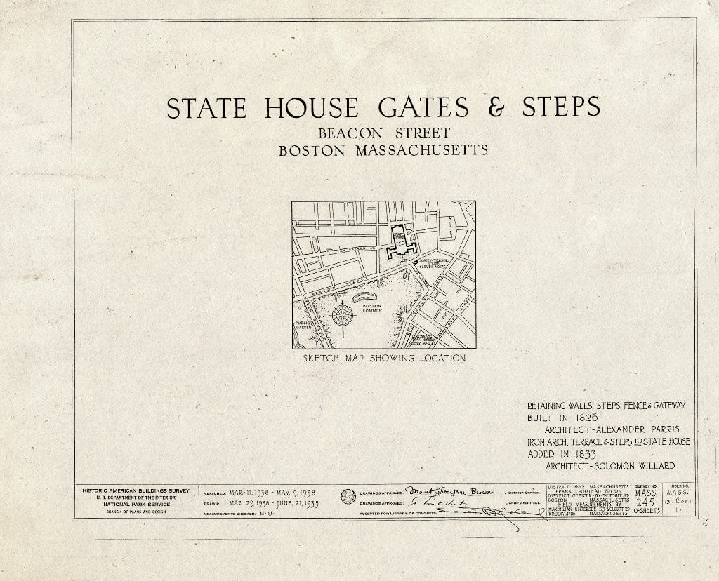 Blueprint HABS Mass,13-BOST,1- (Sheet 0 of 10) - Massachusetts State House, Gates & Steps, Beacon Street, Boston, Suffolk County, MA