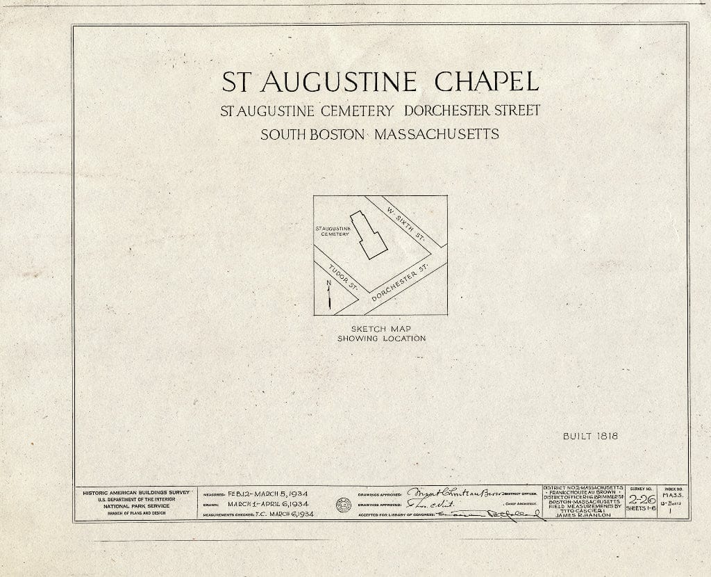 Blueprint HABS Mass,13-BOSTS,1- (Sheet 0 of 6) - St. Augustine Chapel, St. Augustine Cemetery, Dorchester Street, South Boston, Suffolk County, MA