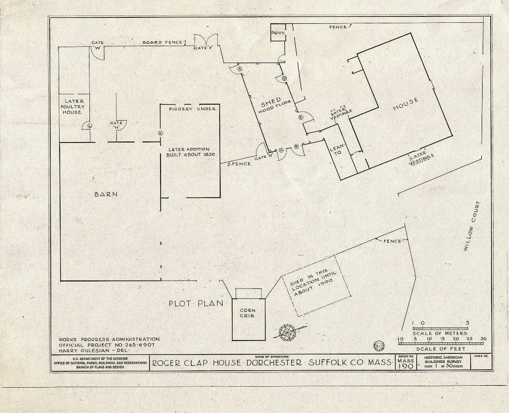 Blueprint HABS Mass,13-DORCH,2- (Sheet 1 of 30) - Roger Clap House, 199 Boston Street (Moved from 25 Willow Court), Dorchester, Suffolk County, MA