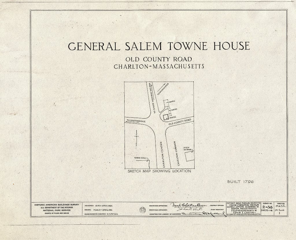 Blueprint HABS Mass,14-Char,1- (Sheet 0 of 16) - General Salem Towne House, Old County Road (Moved to Sturbridge Village, Sturbridge, MA), Charlton, Worcester County, MA