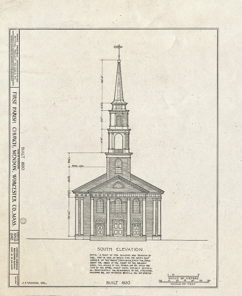 Blueprint HABS Mass,14-MEND,1- (Sheet 4 of 20) - First Parish Church (Unitarian) & Carriage Shed, Maple & Elm Streets, Mendon, Worcester County, MA