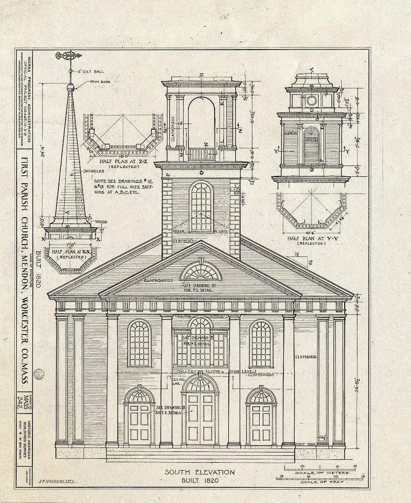 Blueprint HABS Mass,14-MEND,1- (Sheet 5 of 20) - First Parish Church (Unitarian) & Carriage Shed, Maple & Elm Streets, Mendon, Worcester County, MA
