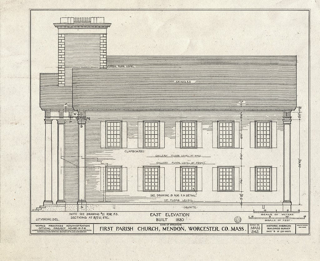 Blueprint HABS Mass,14-MEND,1- (Sheet 6 of 20) - First Parish Church (Unitarian) & Carriage Shed, Maple & Elm Streets, Mendon, Worcester County, MA