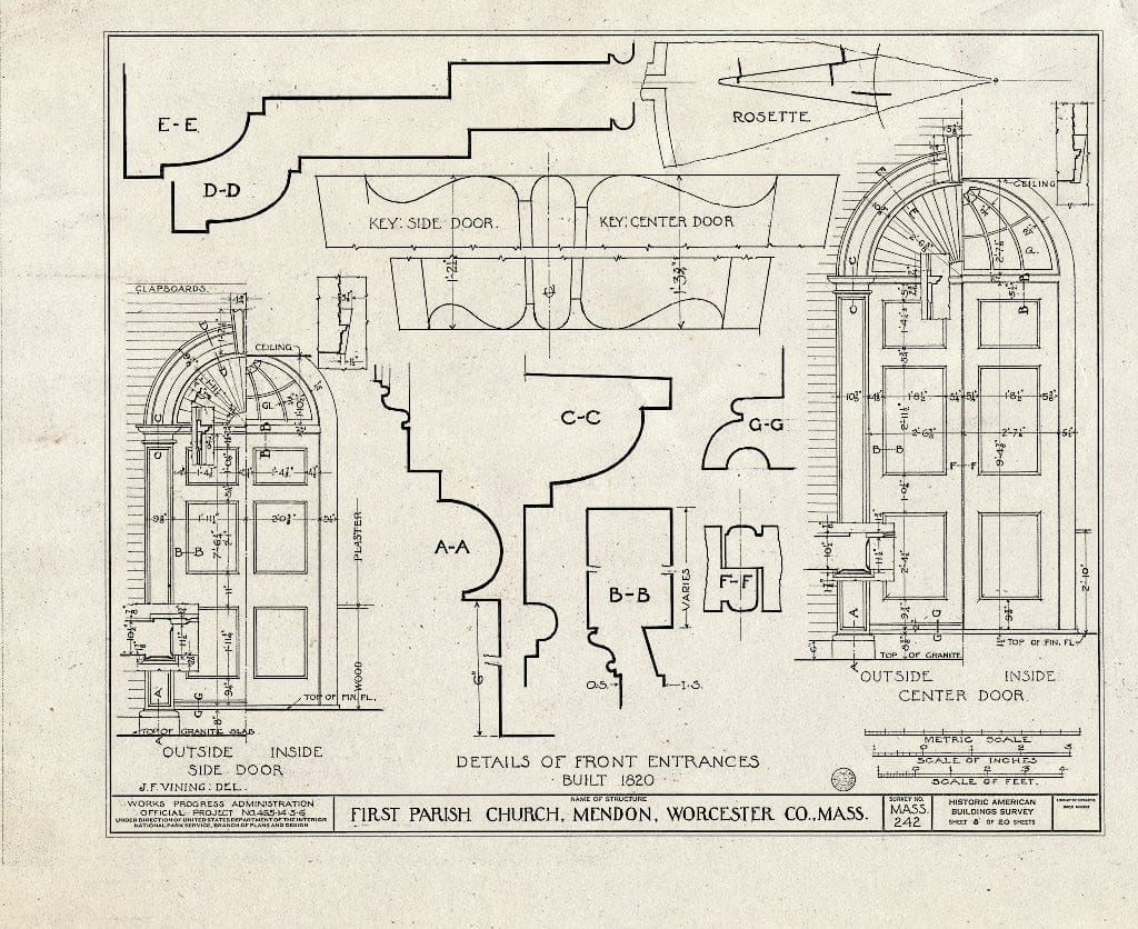 Blueprint HABS Mass,14-MEND,1- (Sheet 9 of 20) - First Parish Church (Unitarian) & Carriage Shed, Maple & Elm Streets, Mendon, Worcester County, MA